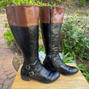 Me Too Knee Hi Riding Boots Women's Size 8.5 Black/Brown 2 Buckle‎